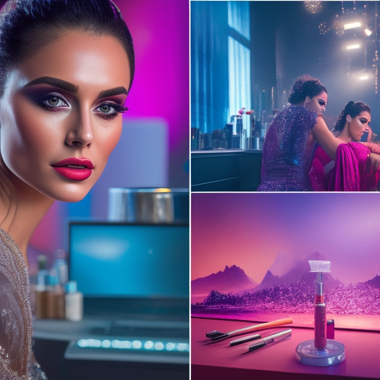 A split-screen image featuring a beautifully made-up dancer's face on one side, and a messy makeup artist's workspace with brushes, palettes, and mirrors on the other, with a subtle gradient of stage lights in the background.