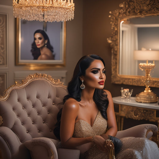 A glamorous, golden-lit makeup studio in Los Angeles with a sleek, modern vanity, sparkling chandeliers, and a stunning, raven-haired bride-to-be sitting in a plush, velvet chair.