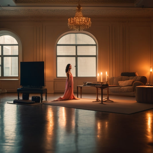 A serene, dimly lit dance studio with a lone dancer in the center, surrounded by mirrors, with a laptop and yoga mat on the floor, amidst a backdrop of soft, warm lighting.