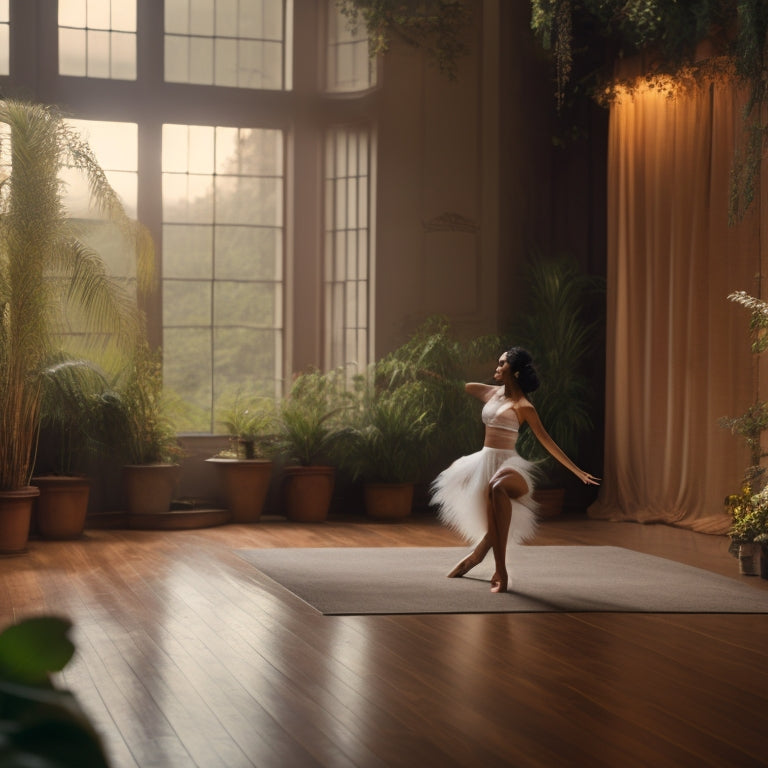 A serene, dimly lit studio with a polished wood floor, surrounded by calming plants, featuring a solo dancer in gentle, flowing motion, surrounded by soft, warm light and floating feathers.