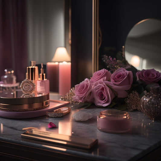 A clutter-free, dimly lit vanity with a rose-gold makeup mirror, surrounded by neatly arranged beauty products, a delicate tiara, and a few scattered rose petals, with a subtle sparkle effect.