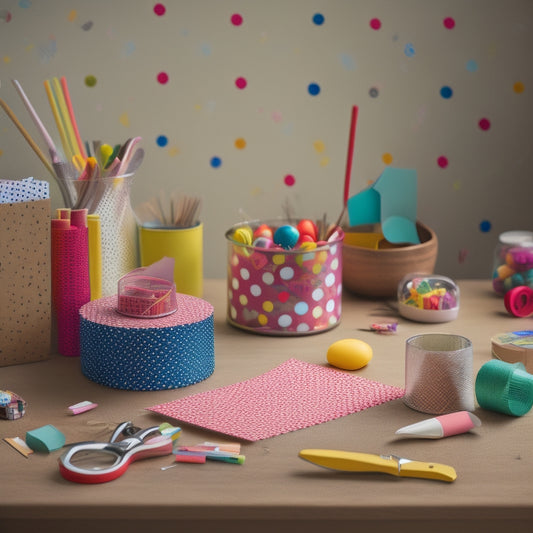 A whimsical still life featuring a sprawling, colorful array of polkadot papers in various sizes, scattered across a natural wood desk, surrounded by scissors, glue, and other craft supplies.