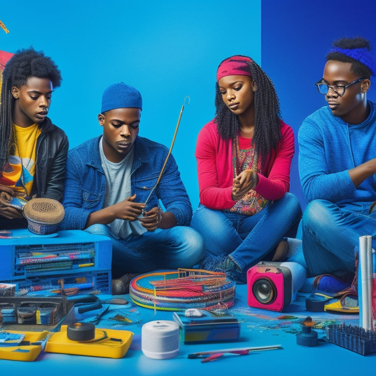 A vibrant illustration of diverse teenagers and young adults engaged in creative activities, surrounded by colorful art supplies, musical instruments, and tech gadgets, set against a stylized, gradient-blue background.