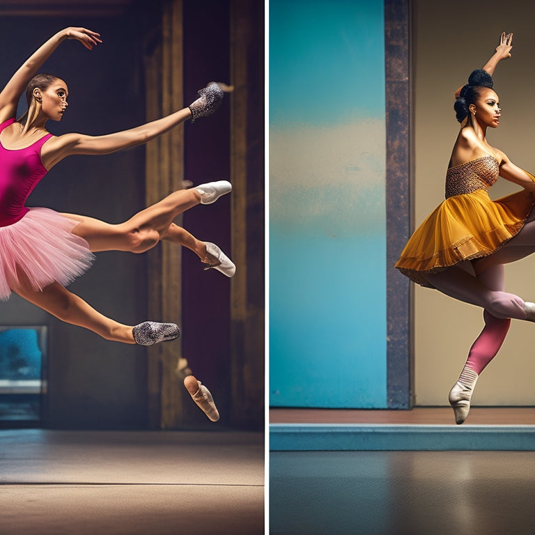 A dynamic illustration featuring a split-screen composition: a ballet dancer en pointe on the left, a jazz dancer in mid-leap on the right, and a hip-hop dancer breaking in the background, blending styles.