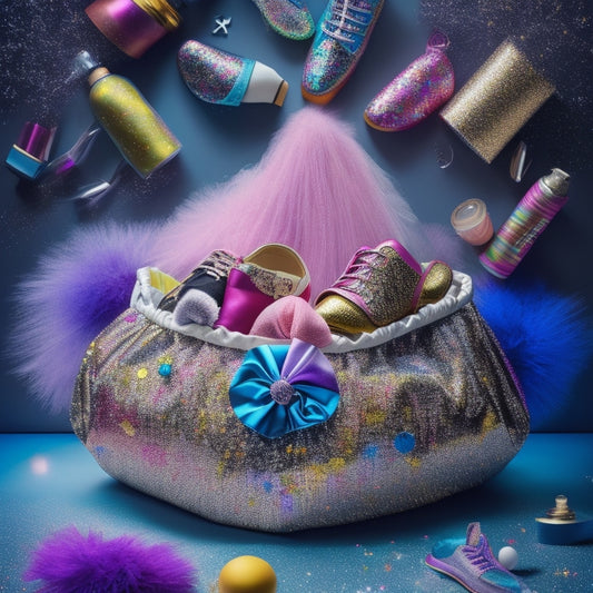 A whimsical illustration of a dance bag bursting with colorful pointe shoes, tutus, hairnets, bobby pins, and a sprinkle of glitter, surrounded by abstract dance-inspired shapes and patterns.