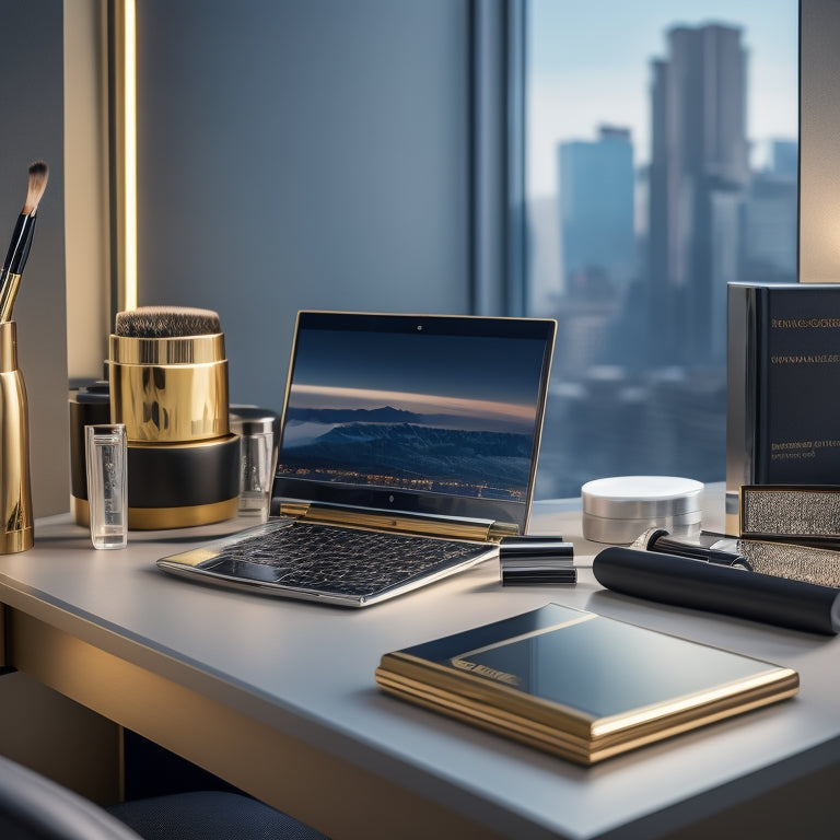A sleek, modern desk with a laptop, a contract folder, and a makeup brush lying across a business plan, surrounded by elegant cosmetics and a subtle cityscape background.