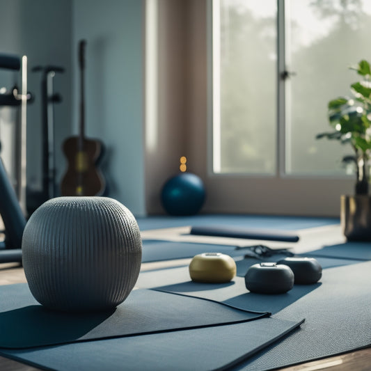 A serene, well-lit home workout space with a yoga mat, dumbbells, and a few pieces of minimalist equipment, contrasting with a crowded, noisy gym background blurred out of focus.