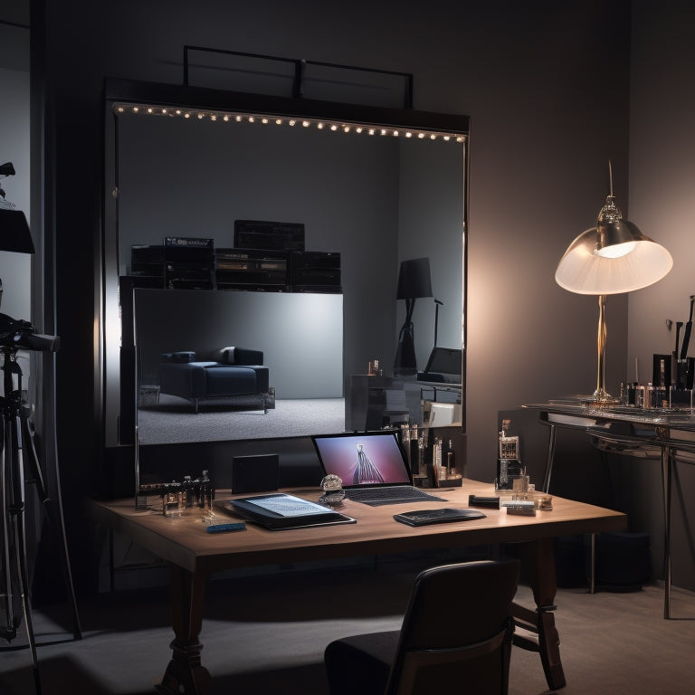 A dimly lit, sleek dance studio with a vanity in the corner, surrounded by open makeup palettes, brushes, and mirrors, with a laptop and smartphone displaying e-commerce websites in the foreground.