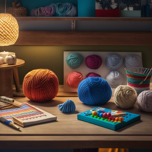 A serene, well-lit workspace with a half-completed graphgan blanket, colorful yarn balls, and a pair of crochet hooks on a wooden table, surrounded by scattered graph paper and pencils.