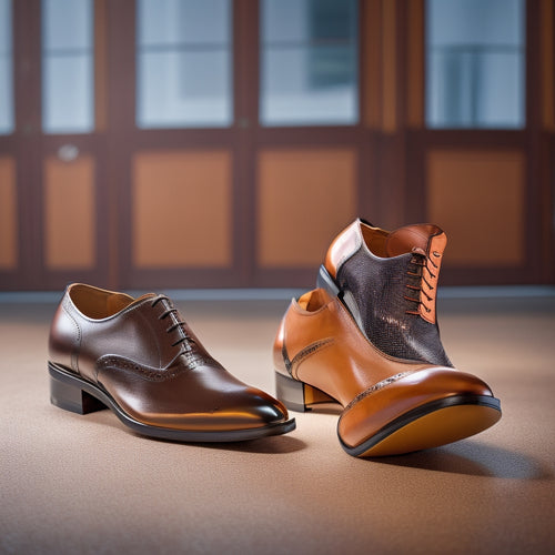 A sleek display of three stylish men's ballroom shoes on a polished dance floor, showcasing different designs: one black patent leather, one brown suede, and one classic tan leather, with soft lighting highlighting their elegant contours.