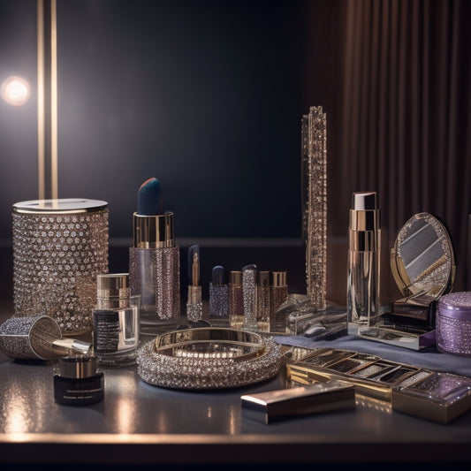 A glamorous dancer's vanity with various makeup products, including primers, foundation, and brushes, surrounded by mirrors, lights, and a few scattered rhinestones, with a subtle sparkle effect.