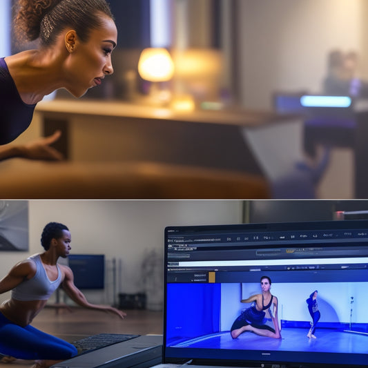 A split-screen image featuring a choreographer in a dance studio watching a laptop screen displaying a video editing software, alongside a dancer in the background performing a routine.