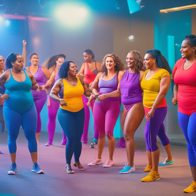 A vibrant, dimly lit studio with a spinning pole at center, surrounded by diverse women of various ages, shapes, and sizes, laughing and exercising together in athletic wear and heels.