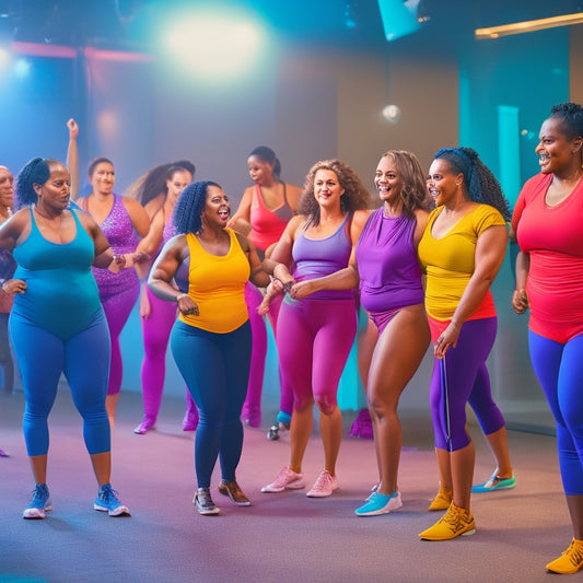 A vibrant, dimly lit studio with a spinning pole at center, surrounded by diverse women of various ages, shapes, and sizes, laughing and exercising together in athletic wear and heels.