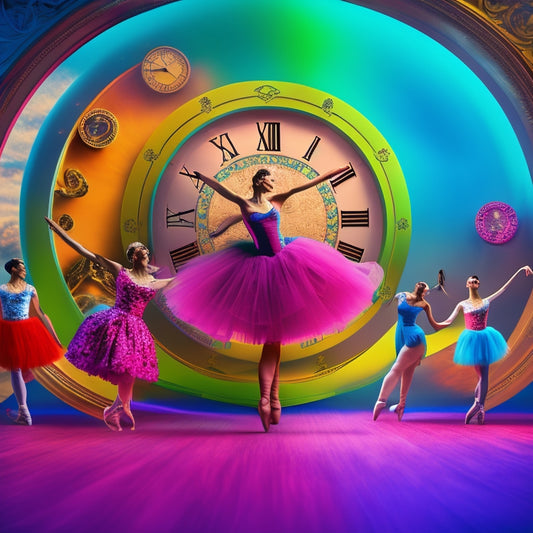 A vibrant, swirling dance-inspired background with musical notes, ballet shoes, and a clock's ticking hands in the center, surrounded by dancing silhouettes in various poses.