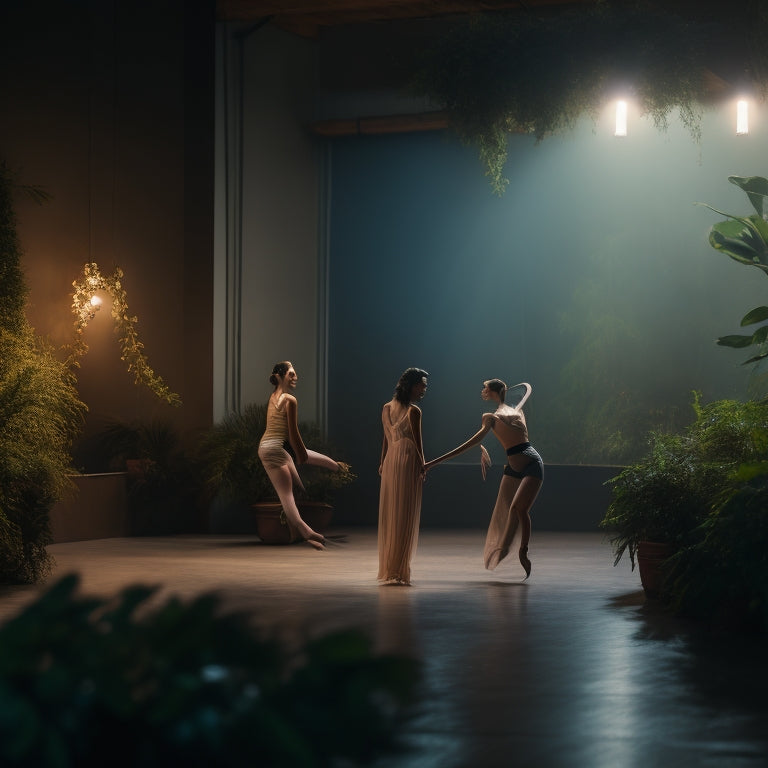 A serene, dimly lit dance studio with a few dancers in gentle, flowing movements, surrounded by calming plants and soft, warm lighting, conveying relaxation and tranquility.