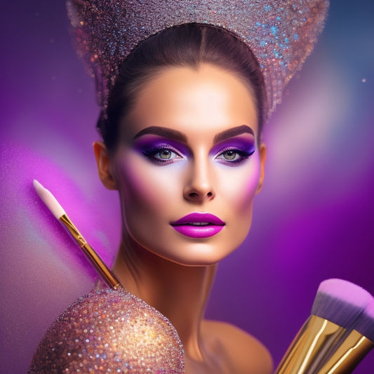 A stylized illustration of a dancer's face, surrounded by a halo of makeup brushes, with subtle, shimmering lights and pastel colors, blending dance and beauty themes.