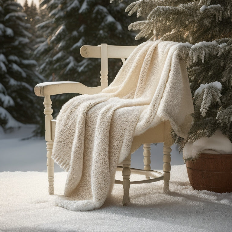 A serene winter scene featuring a plush, super bulky knit blanket in a warm, creamy white hue, draped over a rustic wooden chair, surrounded by snowflakes and evergreen branches.