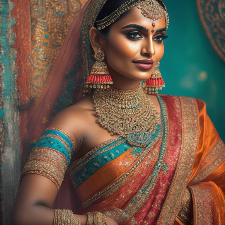 Vibrant illustration of a graceful Indian dancer in a flowing orange sari, adorned with intricate jewelry, surrounded by ornate Indian-inspired patterns and motifs, set against a rich turquoise background.