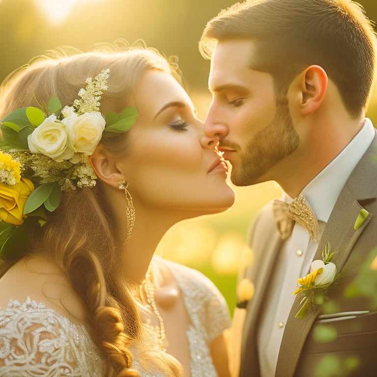 A warm golden light spills across a lush green lawn, where a beaming bride and groom share a tender kiss, surrounded by joyful friends and family, amidst a whimsical floral backdrop.