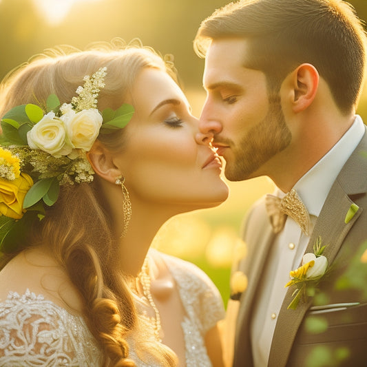 A warm golden light spills across a lush green lawn, where a beaming bride and groom share a tender kiss, surrounded by joyful friends and family, amidst a whimsical floral backdrop.