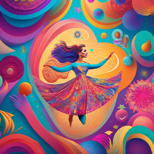 A whimsical illustration featuring a dancing mom surrounded by colorful, swirling dance-inspired shapes and patterns, with a subtle sparkle effect and bold, vibrant colors.