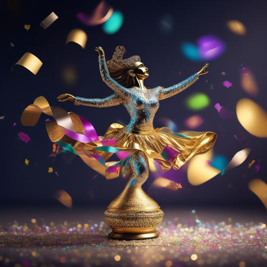 A golden trophy statuette of a dancer in motion, surrounded by colorful, swirling ribbons and confetti, set against a bright, sparkling background with subtle glitter accents.