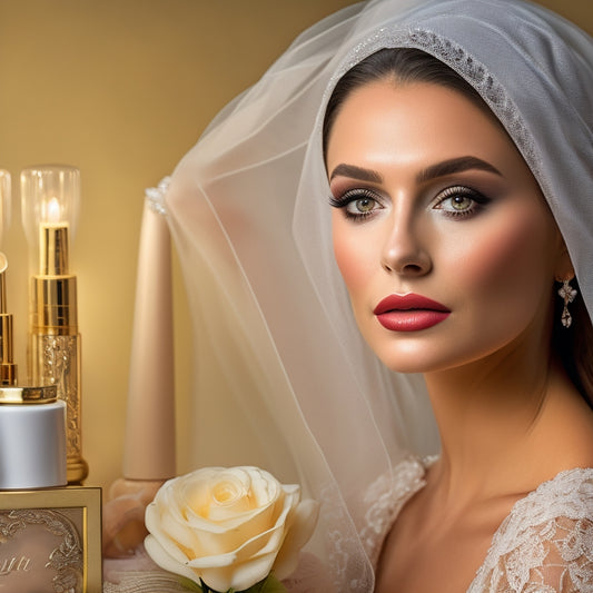 A soft, golden light-filled studio backdrop with a elegant, antique vanity, surrounded by an array of luxurious makeup products, and a beautiful, lace veil-draped mannequin head with a stunning, bridal makeup look.