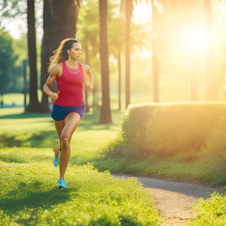 A vibrant scene depicting a person jogging in a park, wearing a sleek activity tracker on their wrist, surrounded by greenery, a bright blue sky, and a sunlit path, with fitness data visualizations subtly integrated into the background.