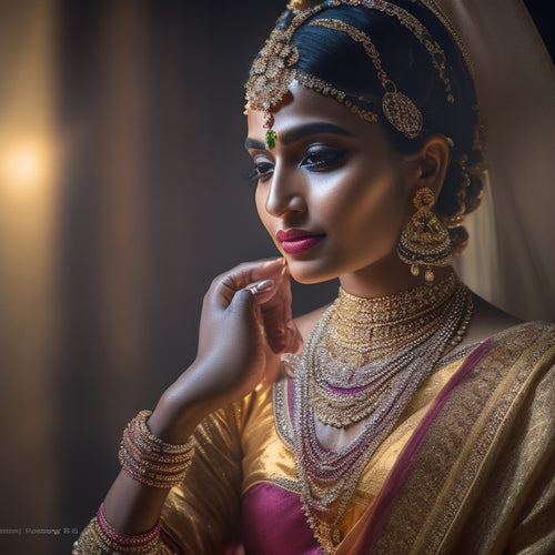 A serene, spot-lit dancer in a vibrant, intricate costume, adorned with traditional jewelry, poses in Ardha Mandali, with precise, expressive hand mudras, surrounded by subtle, golden lighting and a blurred, dark background.