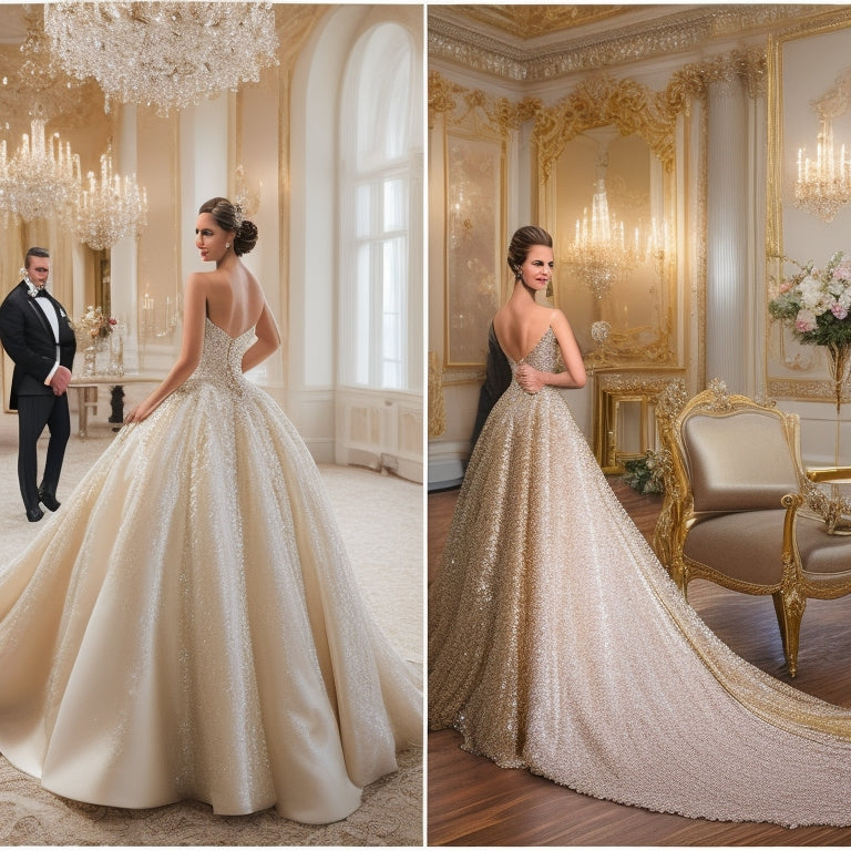 A luxurious ballroom filled with elegantly dressed individuals, showcasing an array of stunning formal dresses: flowing satin gowns, intricate lace details, and shimmering sequins, all under soft, ambient lighting, reflecting sophistication and grace.