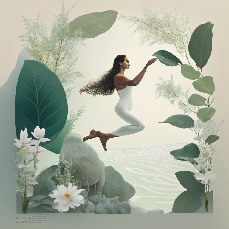 A serene, minimalist illustration of a person in gentle, flowing movements, surrounded by calming elements like leaves, flowers, or water, with subtle hints of stretching and flexibility.