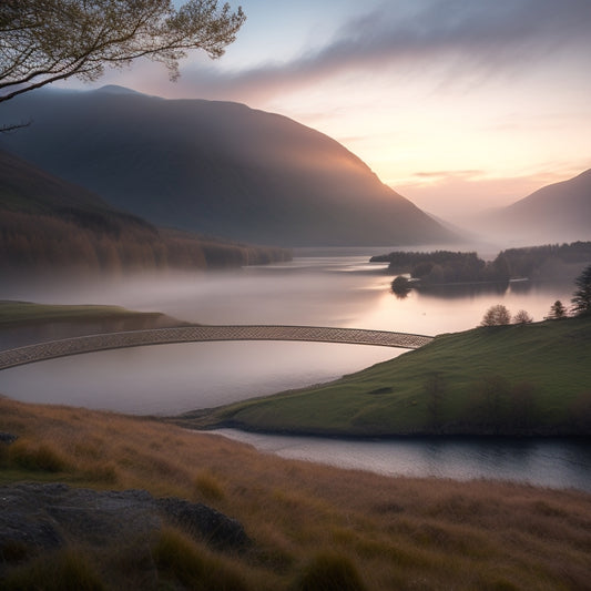 A serene, misty Scottish highland landscape at dawn, with a subtle, shimmering glow, featuring a lone, majestic Celtic harp in the foreground, surrounded by delicate, swirling Celtic knot patterns.