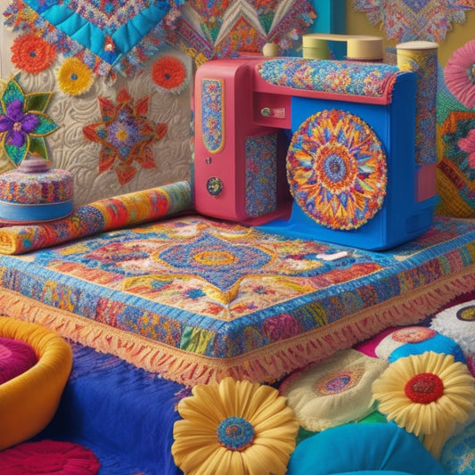 A vibrant, whimsical illustration featuring a majestic longarm quilting machine surrounded by a kaleidoscope of colorful quilts, each showcasing diverse patterns, from geometric to floral, in a playful, layered composition.