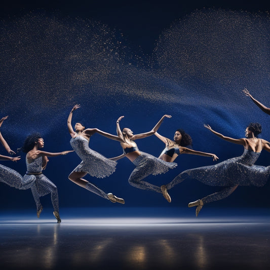 A dark blue background with 5-7 silhouettes of dancers in dynamic poses, surrounded by stylized, swirling drill patterns in shimmering silver and gold, evoking energy and movement.