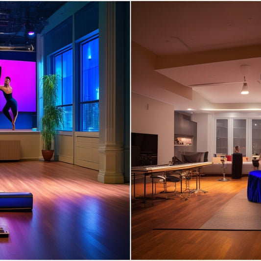 A split-screen image: on the left, a crowded, dimly lit dance studio with a single instructor and multiple students; on the right, a bright, modern living room with a laptop displaying a dance tutorial, a solo dancer mirroring the screen.