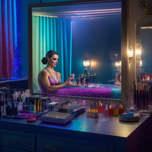 A sparkly, dimly-lit backstage area with a vanity mirror, surrounded by makeup brushes, glittering eyeshadows, and a rainbow of lip colors, with a dancer's pointe shoes and a half-done makeup look in the foreground.