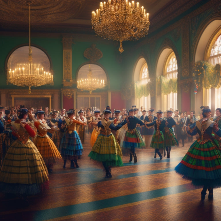 A whimsical illustration of a grand ballroom filled with joyful dancers in traditional Scottish attire, surrounded by tartan patterns, bagpipes, and fluttering ribbons, bathed in warm golden light.