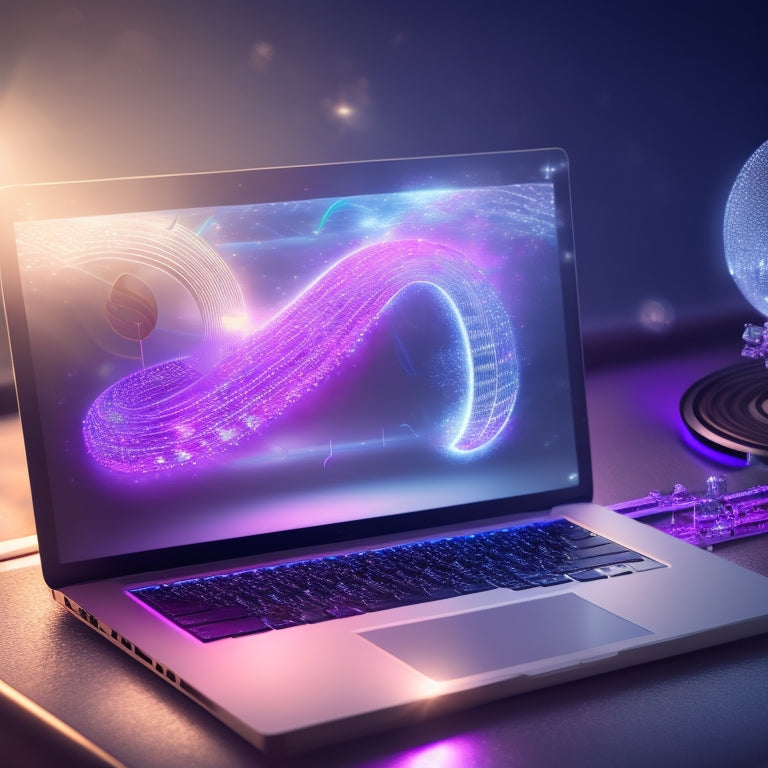 A stylized, futuristic illustration of a glowing, crystal-like music note rising from a sleek, silver laptop, surrounded by swirling, shimmering music sheets and wispy, ethereal sound waves.