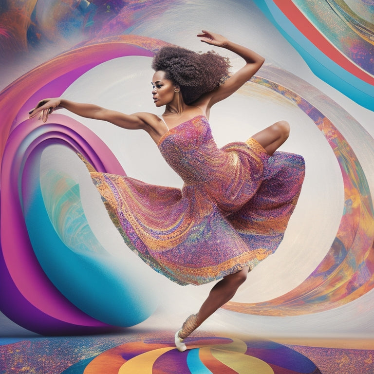 A vibrant illustration of a dancer in motion, surrounded by swirling curves of musical notes, set against a stylized map of Maine with subtle hints of dance studios and schools in the background.