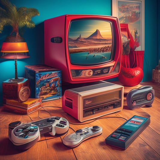 A retro-style illustration featuring a Mega Drive console, a TV displaying a Shadow Dancer game scene, and a reproduced manual with worn, vintage aesthetic, surrounded by nostalgic 90s-era gaming paraphernalia.