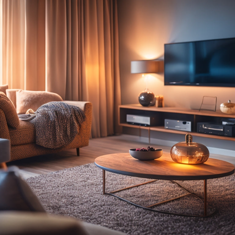 A cozy living room with sleek wireless speakers placed around a modern TV. Soft lighting highlights plush sofas and a coffee table with a remote, while vibrant sound waves visually ripple through the air.