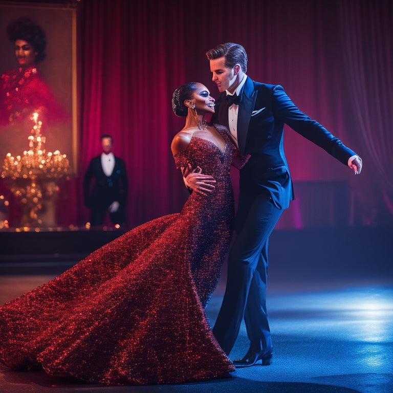 A vibrant ballroom scene featuring a male dancer in a sleek black tuxedo with a satin lapel, and a female dancer in a flowing, sequined red gown, showcasing elegant movements under soft, shimmering lights.