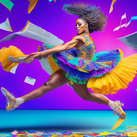 A vibrant illustration of a dancer in mid-pose, surrounded by swirling newspaper clippings with dancing shoes and music notes, set against a bright, gradient-colored background.