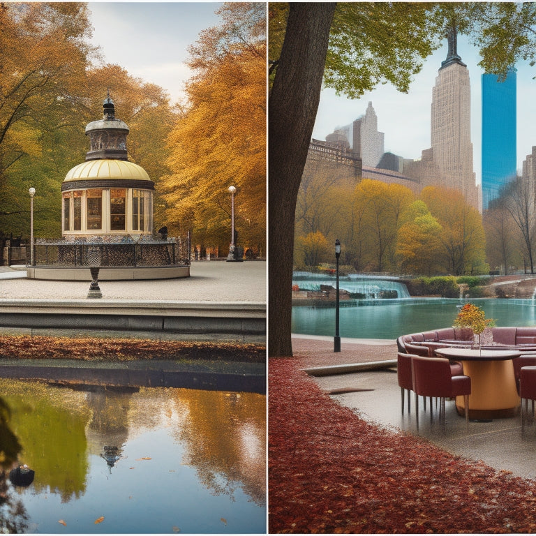 A split-screen image featuring a vintage-style NYC diner on one side, complete with a chrome-edged counter and vinyl stools, and a picturesque autumnal Central Park walkway on the other, with fallen leaves and a distant fountain.