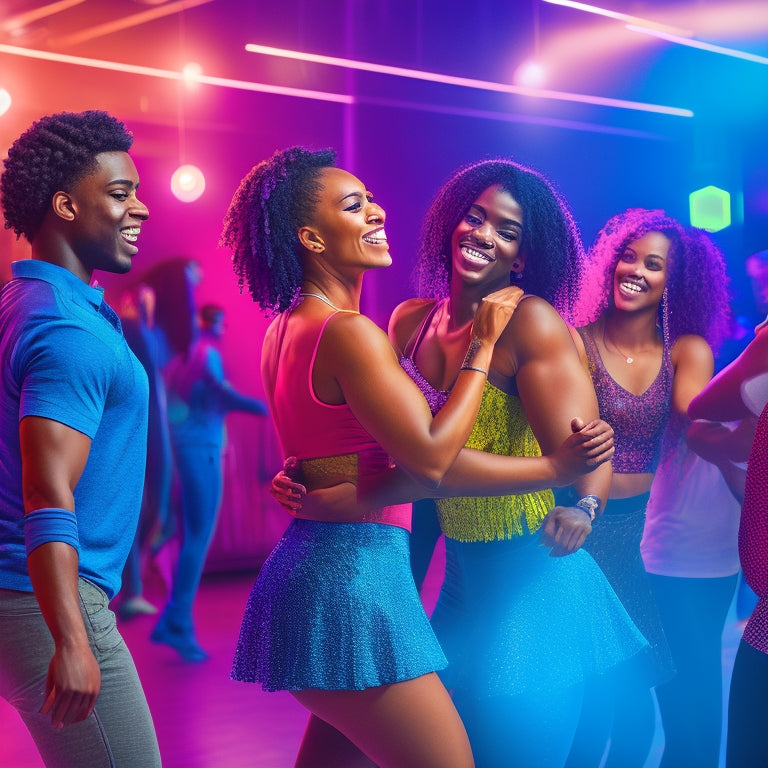 A vibrant, dynamic illustration of a diverse group of young adults dancing together in a bright, modern dance studio at the University of Dance, surrounded by mirrors, bars, and pulsing music notes.