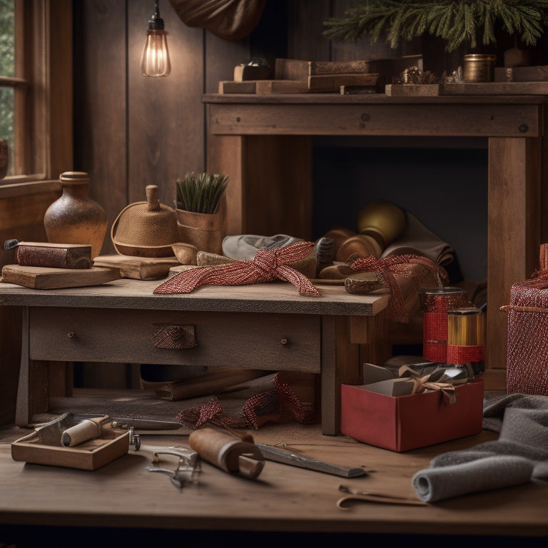 A warm and cozy scene: a wooden workbench with various DIY projects in progress, surrounded by tools and materials, with a few handmade gifts in the foreground, adorned with ribbons and bows.