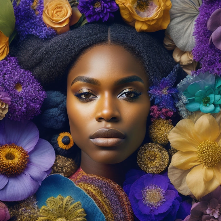 A kaleidoscope of diverse skin tones, hair textures, and facial features, surrounded by swirling patterns of flowers, gemstones, and abstract shapes, set against a vibrant, gradient-colored backdrop.