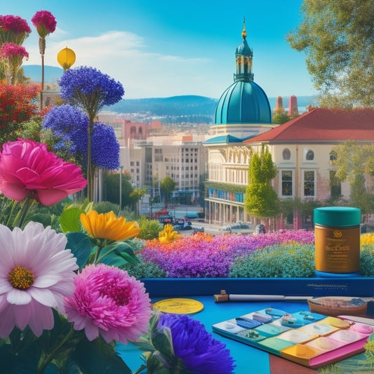A colorful illustration of a painter's palette, surrounded by blooming flowers and foliage, set against the backdrop of Redwood City's vibrant downtown area with iconic buildings and a sunny sky.
