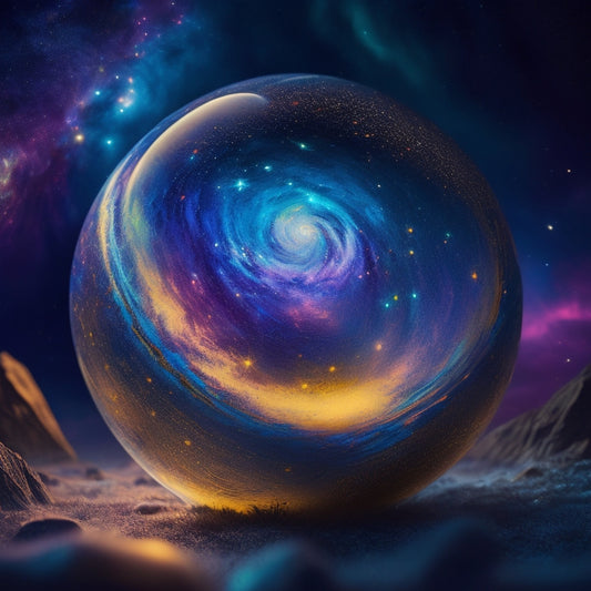 A vibrant, starry night sky serves as the backdrop for a majestic, glowing orb surrounded by swirling, iridescent brushstrokes, with artistic tools and musical instruments orbiting around it.